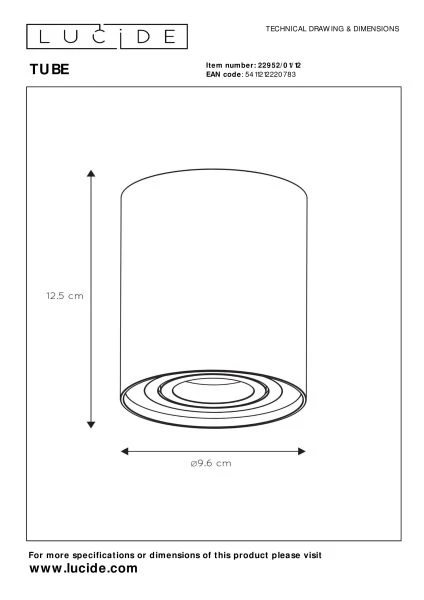 Lucide TUBE - Ceiling spotlight - Ø 9,6 cm - 1xGU10 - Satin Chrome - technical
